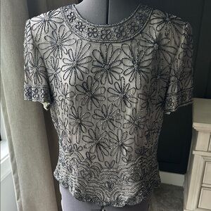Papell Boutique 100% Silk Beaded Floral Blouse Evening Cocktail Party Size XL